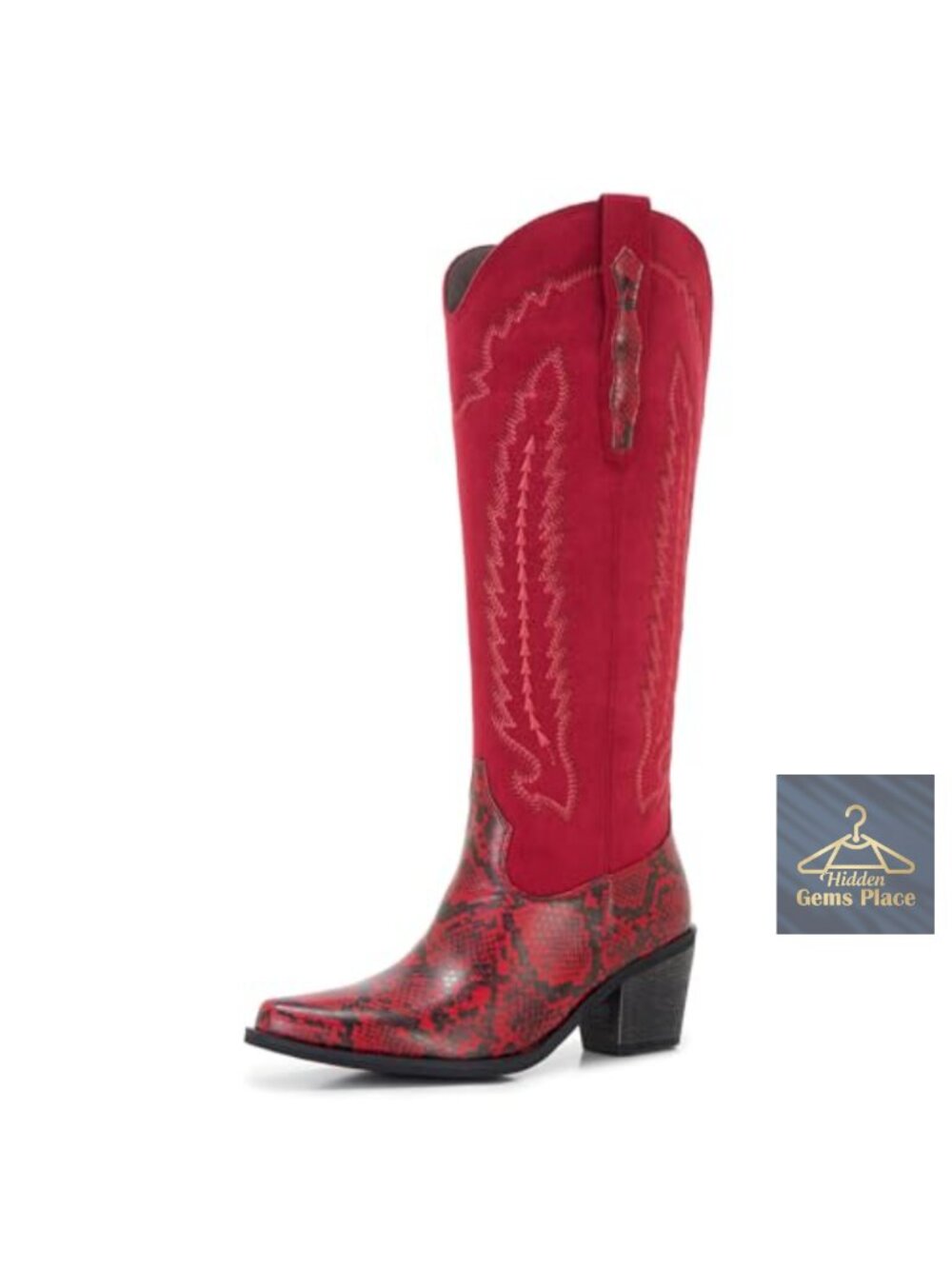 Two Tone Red Cowboy Boots with Side Zipper and Snakeskin Embossed Faux Leather